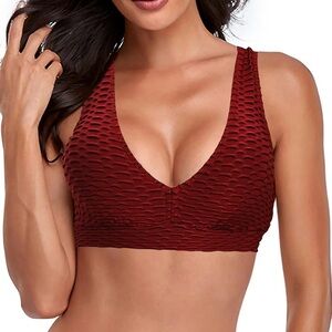 Sexy Crisscross Back High Impact Yoga Bra with Removable Cups Wine Red M